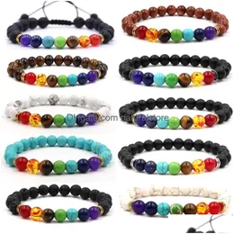 Beaded 7 chakra svart lava pärlsträngar armband 8mm rock pärla elastiska naturliga stenar ädelstenar olje diffusor yogas strandsbracelets dhrdt