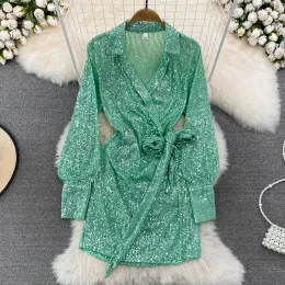 Dress Long Sleeve Elegant Female Women Sexy Holiday Club Sweetie V Neck Sequined Green Chic Vestidos All Match Vintage Popular Dresses