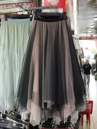 Skirt Frenchic Elegant Long Gonnets Women Women Irregualr Mesh Patchwork Aline High Wiast Female Tulle Gonna