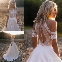 Western Garden Boho Suknie ślubne Linia Jewel Neck Lace Satin Bridal Stuns Buttons Back Beach Sabie de Mariee BC10995