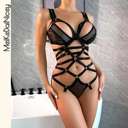 Conjuntos de sutiãs MeiKeDaiNicey Bandage Lace Bodysuit Uma Peça Transparente Corpo Push Up Bra Sissy Tongs Bodycon Teddy Ver através de Sexy Tops