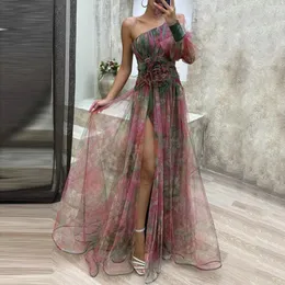 캐주얼 드레스 공식적인 이브닝 드레스 우아한 파티 1 어깨 넥타이 염색 볼 가운 메쉬 버블 슬리브 스플릿 헴 여자