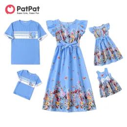 Vestidos Patpat Família Combinando Roupas Estampa Floral Rufflesleeve Cinto Midi Vestidos e Listrado Shortsleeve Conjuntos de Camisetas