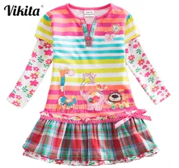 Vikita marka kızlar elbise çocuklar bebek çizgili roupa infantil elbise çocuk kıyafetleri kız geyik fil karikatür çiçek elbise lj200824289621