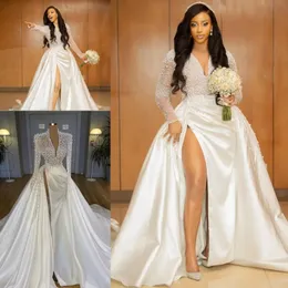 Illusion Pearls Crystal Country Wedding Dresses African Long Sleeve Side Split Arabic Satin Church Garden Bridal Reception Gowns Robe