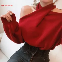 Pullovers 2023 Autumn Women Chic Pullovers Xmas Off Axel Sexig grimma Knit Tröja Looser Lantern Sleeve Weater Female Top Jumper Red