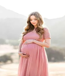 セクシーな夏の妊娠中のレースドレスピンク女性フロントロングマタニティ半袖レースドレスドレスを通してドレスを通してQ0712749466