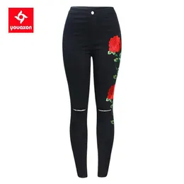 Jeans femininos 2102 Youaxon preto bordado rasgo joelho jeans novas mulheres cintura alta elástica calças jeans lápis apertado jeans femininos j240306