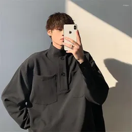 Homens camisetas Botão Turtleneck Manga Longa Homens Camiseta Moda Casual Roupas Quentes Preto Branco Alta Qualidade Pesado Inglaterra Estilo Top