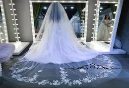 2020 Nuovo bianco cattedrale treno velo da sposa economico moda 3M uno strato vintage applicazioni di pizzo country beach semplici veli da sposa3538661600