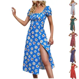 Ubierz eleganckie długie sukienki dla kobiet 2023 Modna Smocked Strappy Backless Rleeve Print Sukienka Vestidos de Mujer Casual Baratos