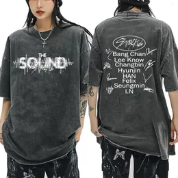 Damen T-Shirts 2024 Stray Kids The Sound Janpan Ablum Print Vintage Washed Kpop Streetwear T-Shirt Unisex