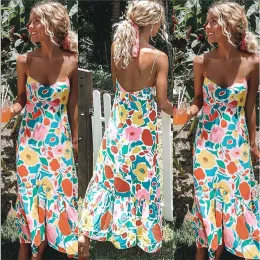 Elbise Baskı Çiçek Uzun Boho Bohemian Beach Yaz Elbise Kadınlar 2018 Sundress Seksi Vneck Klefes Strap Maxi Vintage Elbise Kadınlar İçin
