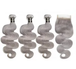 Fasci di capelli vergini brasiliani grigio argento con chiusura in pizzo 8A estensioni dei capelli umani grigi onda del corpo ondulati con chiusura in pizzo2575940