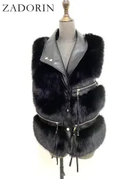 Куртки ZADORIN 4XL, осенне-зимняя молния, жилет из искусственного лисьего меха, женский роскошный кожаный воротник, короткие женские пальто из искусственного меха, меховой жилет