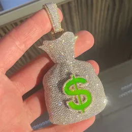 Aaa Gems Hip Hop Style Diamond Pendant Luminous 925 Sterling Silver Plated 14k Gold Money Bag Mens Moissanite Pendant for Gifts