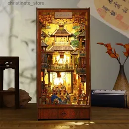 Architecture/DIY House NEW DIY Wooden Book Nook Shelf Insert Miniature Building Kits Bookshelf Chinese Ancient Town Bookends Handmade Crafts Gifts