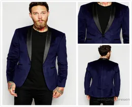 Navy Blue Velvet Slim Fit Groom Tuxedos Shawl Lapel Wedding Suits Custom Made Groomsmen Suit Prom Mens 정장 검은 색 바지 JAC2875150