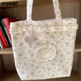 Coreano ins doce flor impressão bolsas de ombro mulheres todos os jogos lona axilas saco casual y2k estética tote sacos de alta capacidade 240226