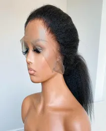 Transparent yaki rak spets fram peruk före plockad brasiliansk 13x4 kinky raka syntetiska peruker för kvinna naturlig hårlinje8233451