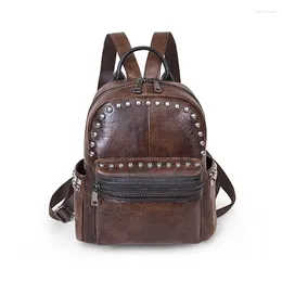 Schultaschen Echtes Leder Nieten Rucksack Rucksack Für Frauen Pinsel Farbe Reisetasche Geprägt Retro Weibliche Natürliche Haut Daypack