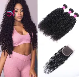 Brazilian Virgin Human Hair Weaves Extensions Curly Natual 1B Color 3 Bundles With Closure 44 Unprocessed High Quality4813067