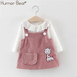 Dresses Humor Bear Girls Autumn Korean Children's Clothing Doll Collar Long Sleeve +strap Dress 2pcs Suit Baby Kids Clothing Suit