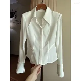 여자 블라우스 스프링 빈티지 새틴 실크 여자 셔츠를 돌리는 칼라 여자 느슨한 블라우스 흰색 긴 소매 셔츠 blusas 사무실 레이디 탑