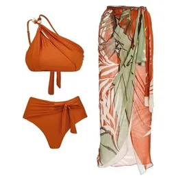 Una spalla con perline 3 pezzi Set Bikini Gonna Donna 2024 Biqunis Beachwear Costume da bagno Solido Monokini Nuoto estivo 240223