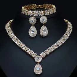 CWWZircons Exklusives Dubai-Schmuckset mit Goldplatte, luxuriöses Zirkonia-Halsketten-Ohrring-Armband, Party-Schmuckset für Damen T053 240228
