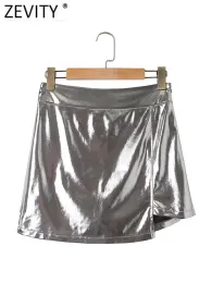 شورتات Zevity Women Fashion Silver Silver Color Mini Skirt Shorts Lady Side Shipper Shorts Chic Pantalone Cortos Qun5640