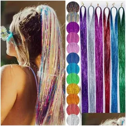 Haarschmuck 90 cm glänzende Fäden Glitzer-Haar-Lametta-Set String-Extensions Hippie-Zubehör für Frauen Kopfschmuck 23 Farben Drop De Dhduc