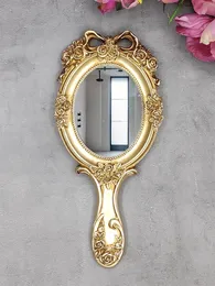 European Style Mirror Vanity Mirror Hand-held Beauty Parlor Special Hand Portable Wall-mounted Handle Antique Gold Small Mirror 240301