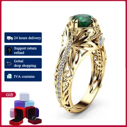 Hoyon Vintage Punk Style 14K Gold Color Emerald Ring for Women Original 925 Silver Color Green Gemstone Jewelry 240228