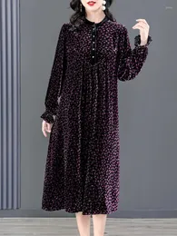 Casual Dresses Autumn Winter Purple Floral Velvet Chic Midi Dress 2024 Korean vintage Löst midja Kvinnor Elegant lyxkväll