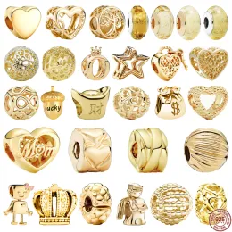 925 Sterling Silver Damskie Koraliki, okrągłe, złote serie, odpowiednie do oryginalnych bransoletek kobiet, naszyjników, prezentów biżuterii