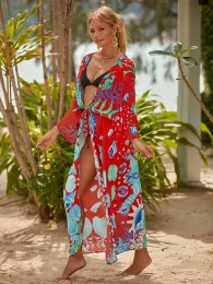 Swimwear Xuan PhD Tryckt Bikini Sunbonnet Seaside Holiday Cardigan Kimono Beach Clothes Sunbonnet Long Tiger Print för Woman Coverups