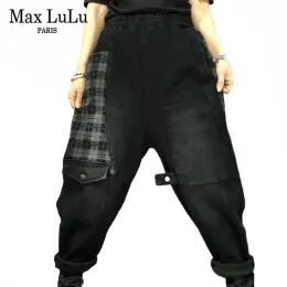Jeans Max Lulu Korean modedesigner Spring Ladies Elastic Loose Jeans Womens Patchwork Denim Pants Female Punk Trousers Big Size