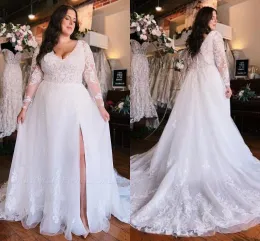 Bohemian Garden Summer Beach Plus Size Wedding Dresses A Line Sheer långa ärmar V Neckapplikationer Brudklänningar med Split BC18312 Pplikes