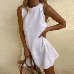 Лето 2023, женское хлопково-льняное мини-однотонное платье без рукавов с оборками, повседневное платье-майка с открытым вырезом, свободный вечерний пляжный короткий сарафан 240304