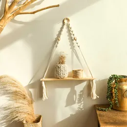Decorative Objects Figurines Bohemian handmade woven tassel wood bead flower pot shelf minimalist homestay living room home wall hanging accessories T240306