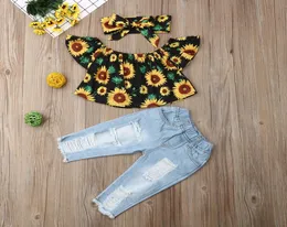 Pudcoco Toddler Baby Girl Clothes Off Shoulder Sunflower Print Tops Ripped Denim Pants pannband 3 st.