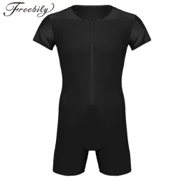 Swimwear Newest Mens Onepiece Swimsuit Short Sleeve Front Zipper Boxer Briefs Bodysuit Leotard Underwear Male Swim Wear