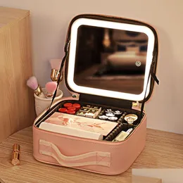 Compact Mirrors Smart Led Cosmetic Case With Mirror Travel Makeup Bags Large Capacity Fashion Simple Pu Leather Casual For Drop Deli Dhmnq