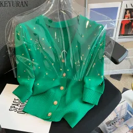 카디건 Frech 레트로 여름 니트 카디건 여성 Vneck Beaded Singlebreasted Puff Short Sleeve Green Plaid 스웨터 여성 니트 탑