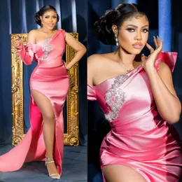 Plus Size Evening Dresses Pink Prom Dresses Mermaid Long One Shoulder Rhinestones Sexy High Split Formal Gowns for African Black Women Simple Dinner Gown AM497