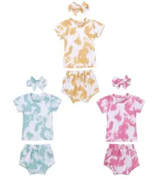 Nyfödda babyflickor 3 -delar outfit Set Short Sleeve Tiedye Print Topshortsheadband Set Children Summer Clothing8091672