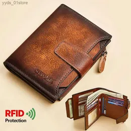 Money Clips Mens 정품 가죽 지갑 빈티지 짧은 다중 기능 명함 보유자 RFID 차단 지퍼 동전 단지 돈 클립 L240306