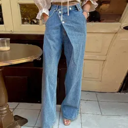 Женские джинсы SuperAen, корейская мода, осенняя ретро, высокая талия, нерегулярный дизайн с пряжкой, модные широкие джинсы, женские брюки J240306