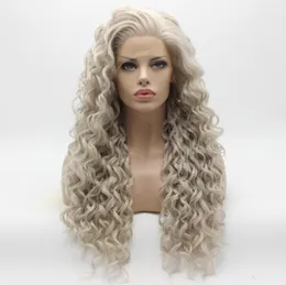 Iwona Hair Curly Long Grey Wig 1845031001 반 손 묶인 내열성 합성 레이스 전면 Wig4685077